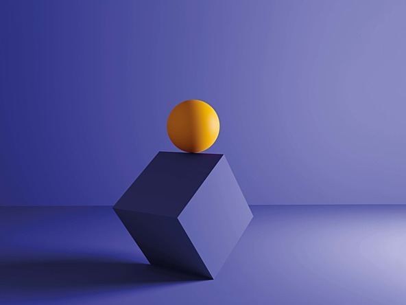 A yellow sphere balancing on a purple cube